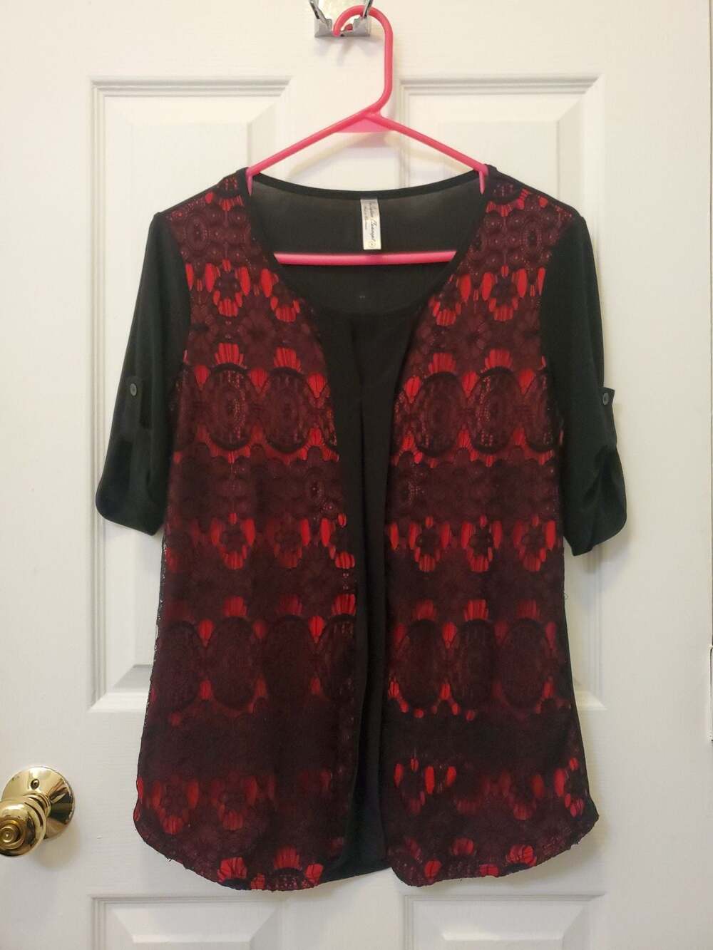 Red & Black Lace Overlay Short Sleeve Top Corporate Goth Vamp Atl Dark Feminine